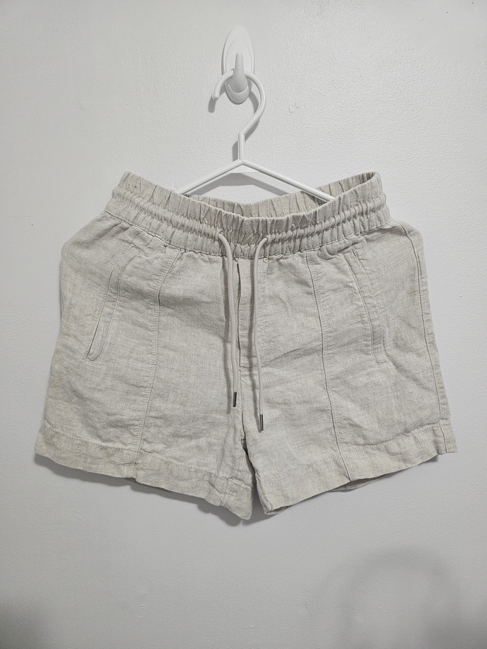 Athleta High-Rise Drawstring Linen Shorts in Light Beige